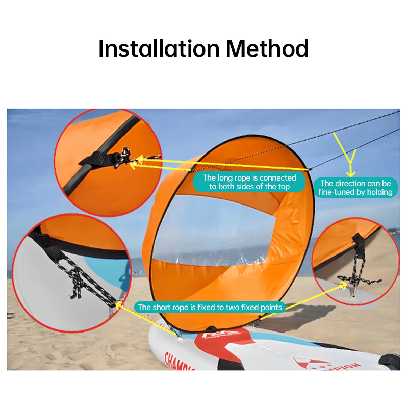 42-inch SUP/water sports accessories: sail, paddles, surf gear.