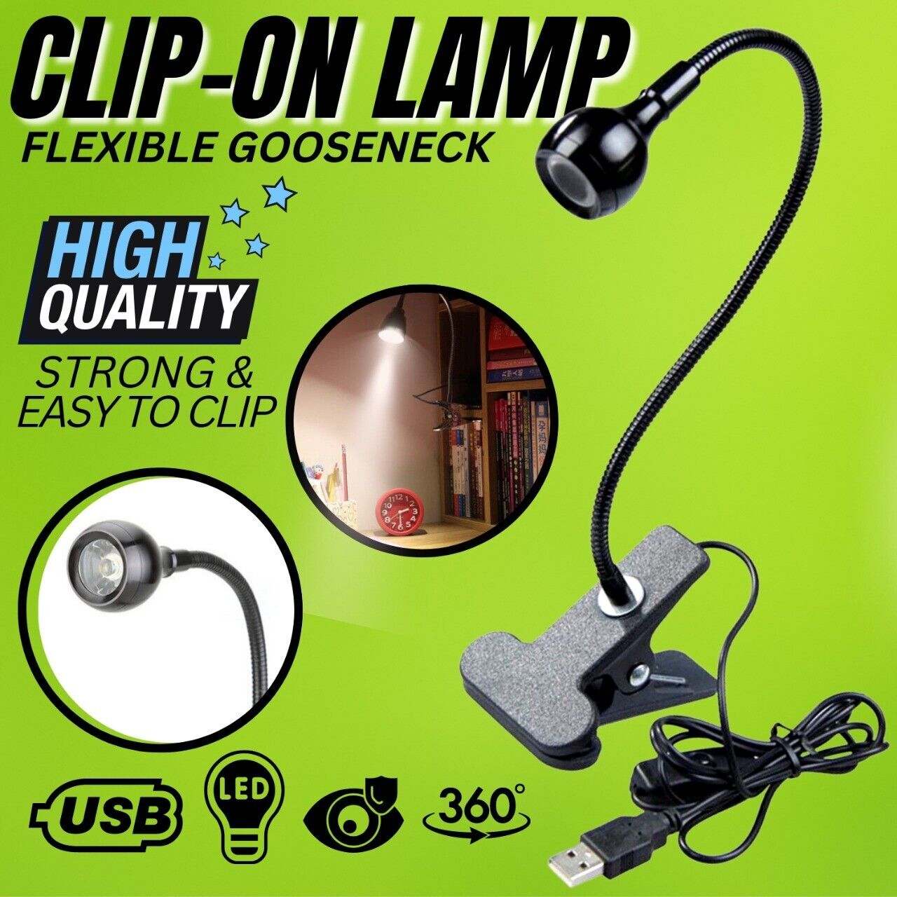 USB Flexible Reading LED Bright Light Book Lamp Clip-on Beside Bed Desk Table