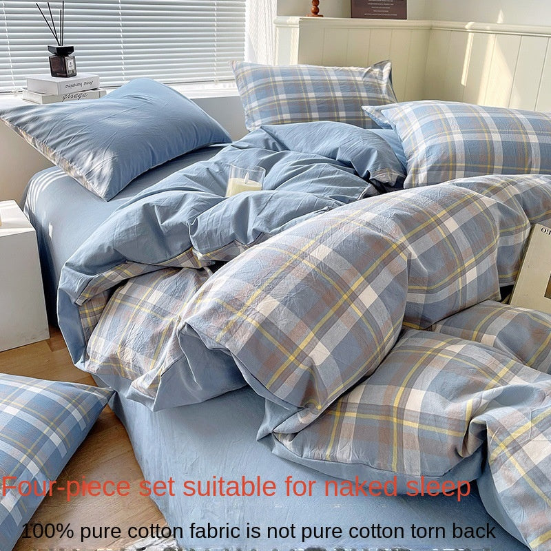 Cotton Dyed Washed Cotton Bedding Set Pure Cotton A Class Flat Sheet Quilt Cover Fitted Sheet Quilt Cover Three-Piece Set Striped