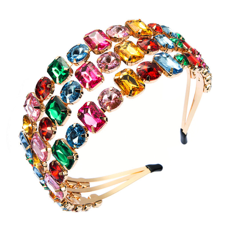 Personality Exaggerated Metal Three-Row Black And White Super Flash Glass Drill Headband Fashion Ball Bride Pressure Hair Headband Woman