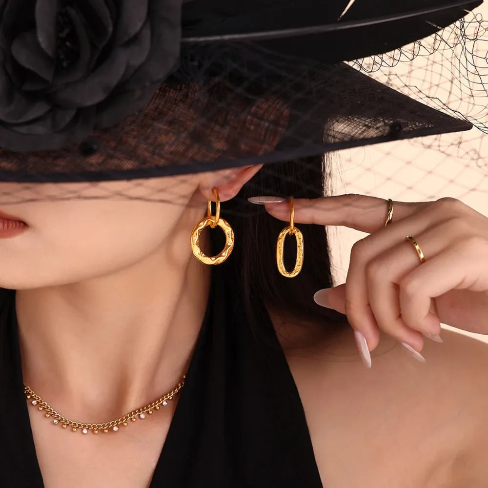 Geometric ring buckle ear ring retro asymmetric design titanium steel ear jewelry