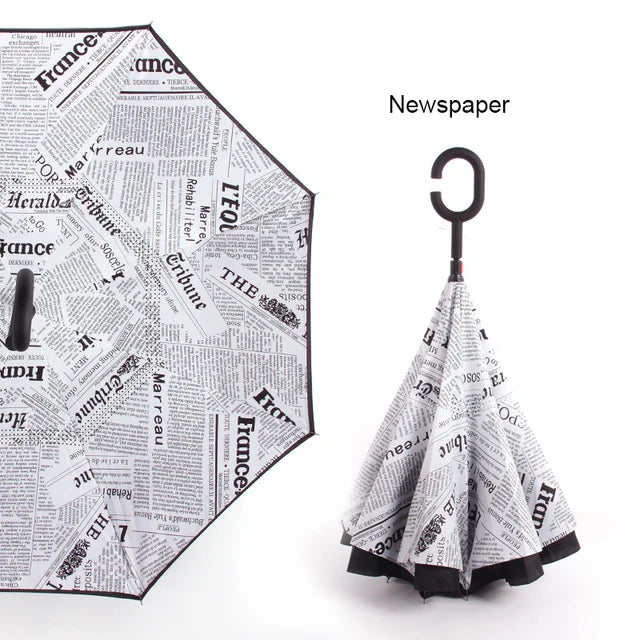 C Handle Windproof Reverse Folding Umbrella Man Women Sun Rain Car Inverted Umbrellas
