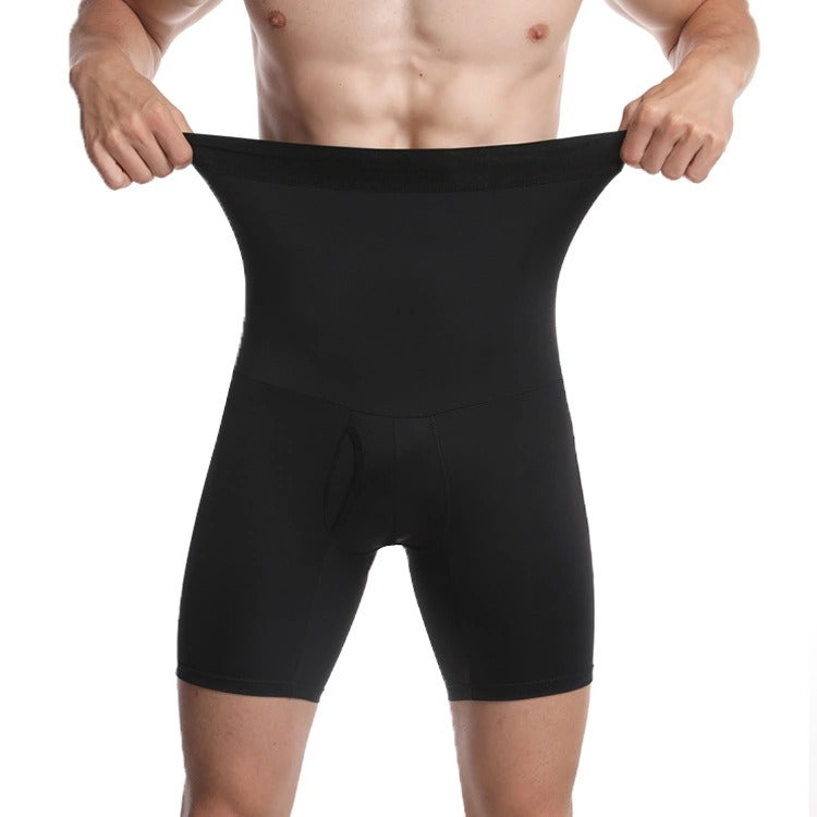 Men's Double layered High Waist Tight Belly Pants Elastic Solid Color Men's Breathable Lifting Hip Shaping Pants