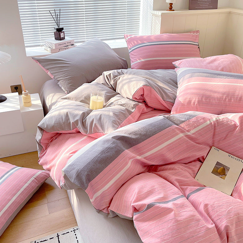 Cotton Dyed Washed Cotton Bedding Set Pure Cotton A Class Flat Sheet Quilt Cover Fitted Sheet Quilt Cover Three-Piece Set Striped