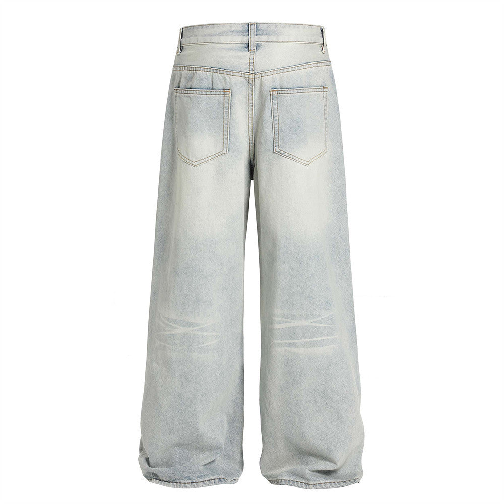 American Cleanfit Washed Denim Long Pants Men's Vintage Street Fashion Loose Straight Leg Distressed Wide Leg Dad Trousers