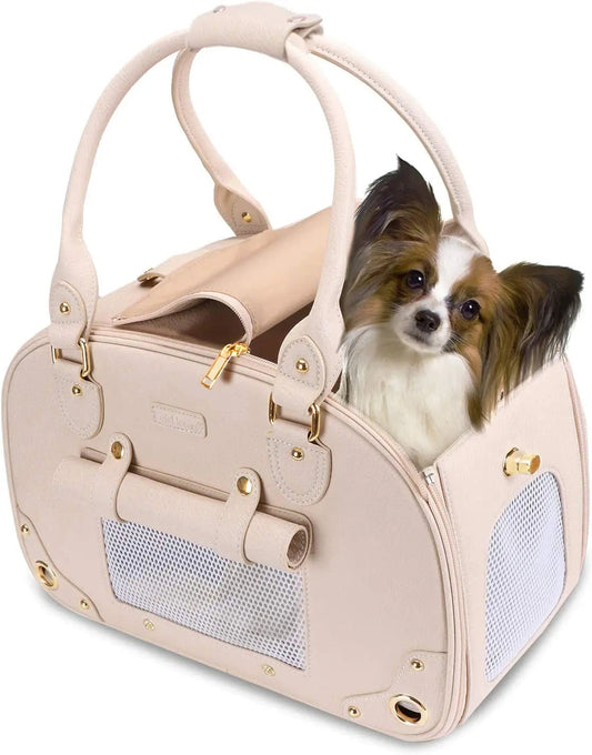 Dog Carrier Purse – Waterproof PU Leather Pet Travel Bag with Roof, for Small Dogs & Cats