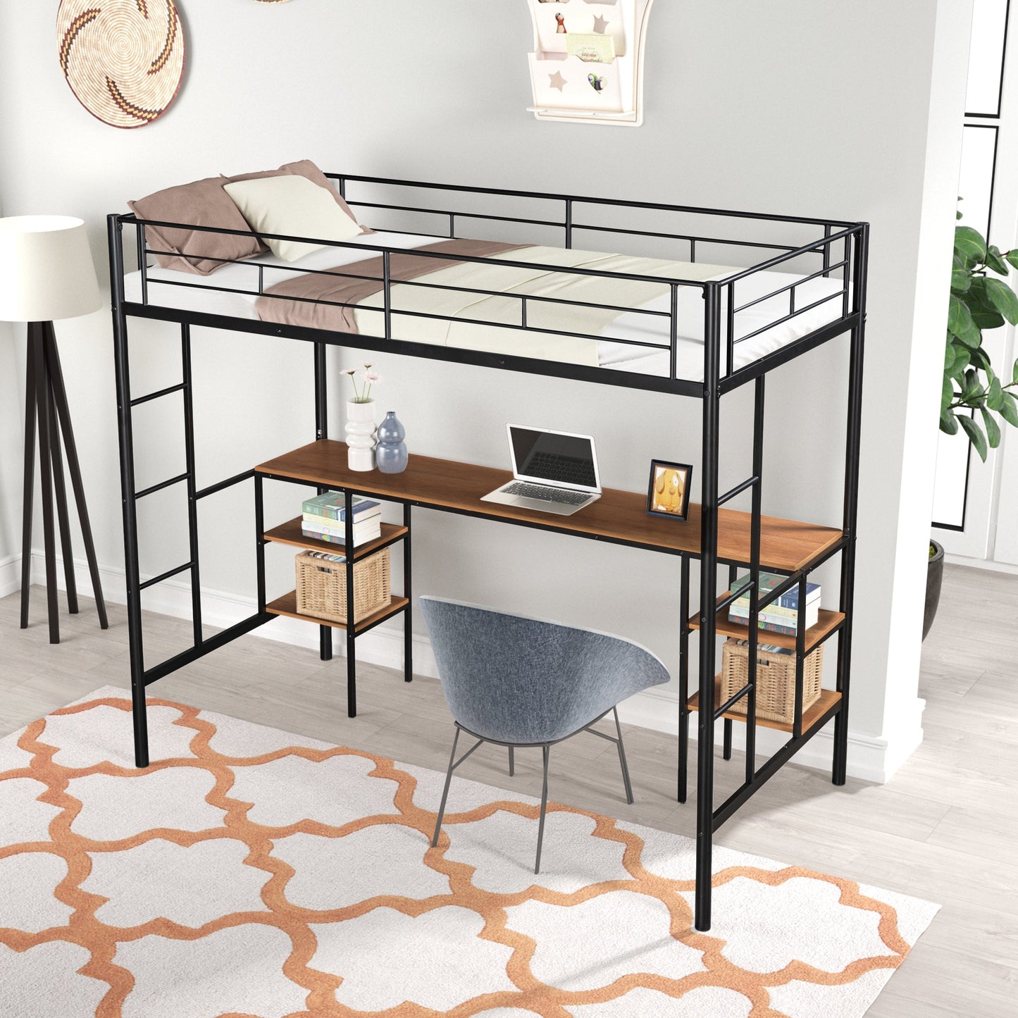 Twin loft bed with table and shelf/Heavy duty sturdy metal/Built in table and shelf/Noise reduction/Safety fence