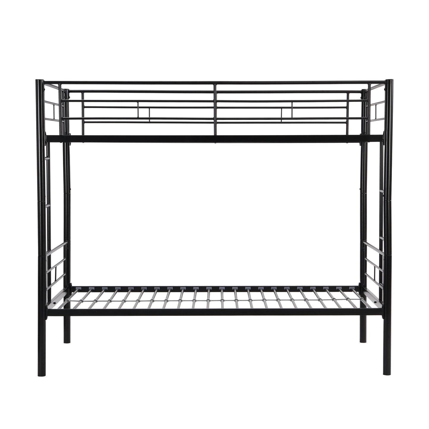 Double decker bed, size above twin bed, with 2 ladders and full-length guardrail, metal, storage space, black