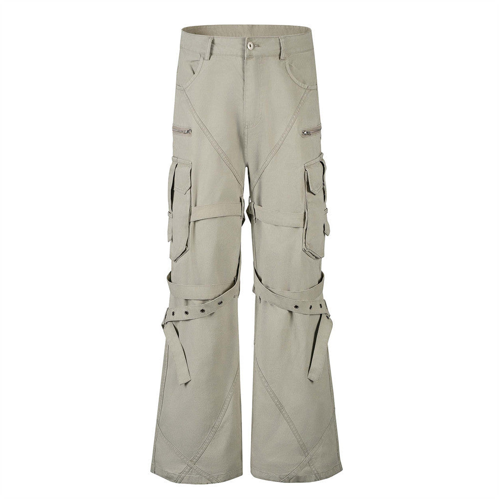 High Street Style Multi-Pocket Workwear Flared Trousers with Belt Design for Men