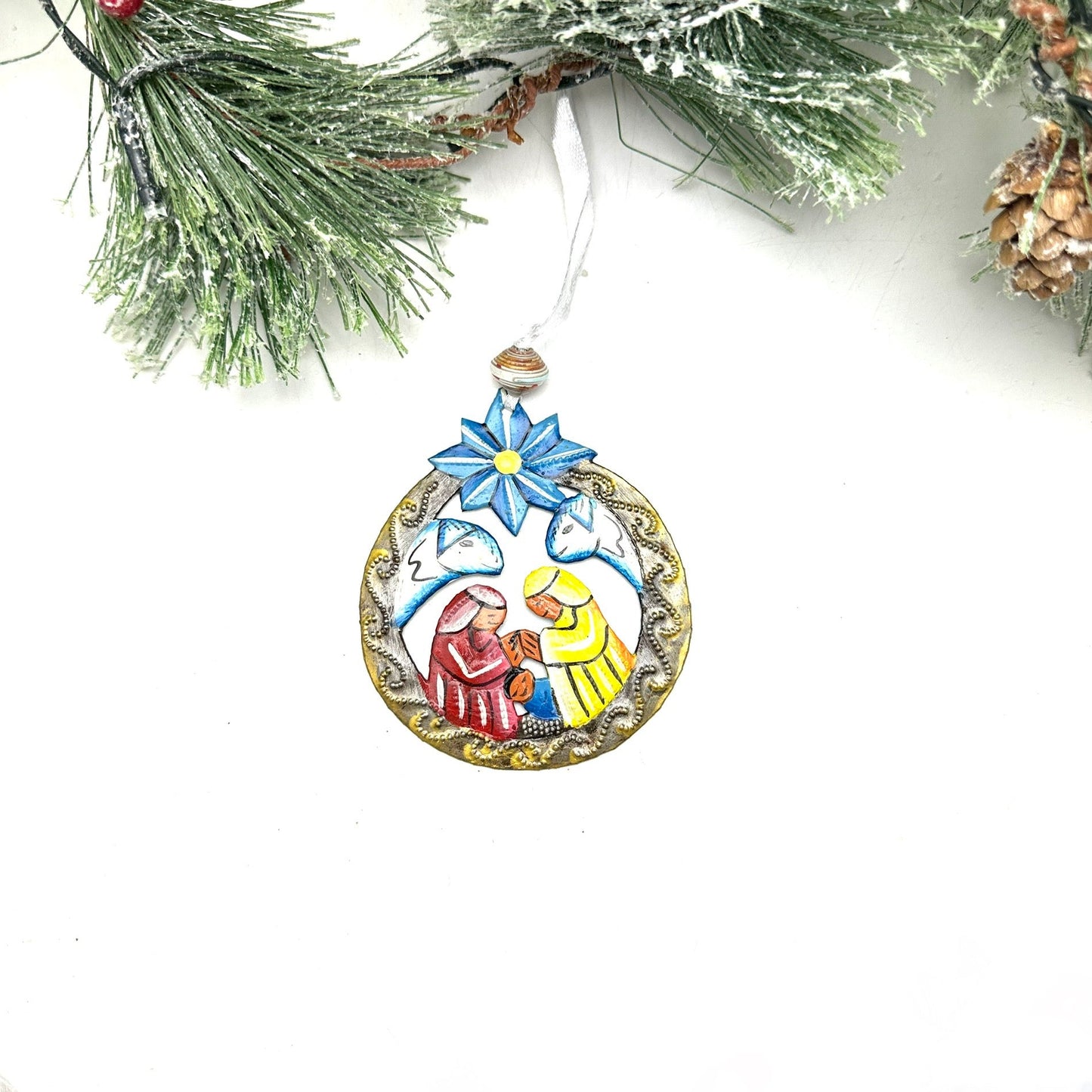 Nativity Ornament- Blue Bow