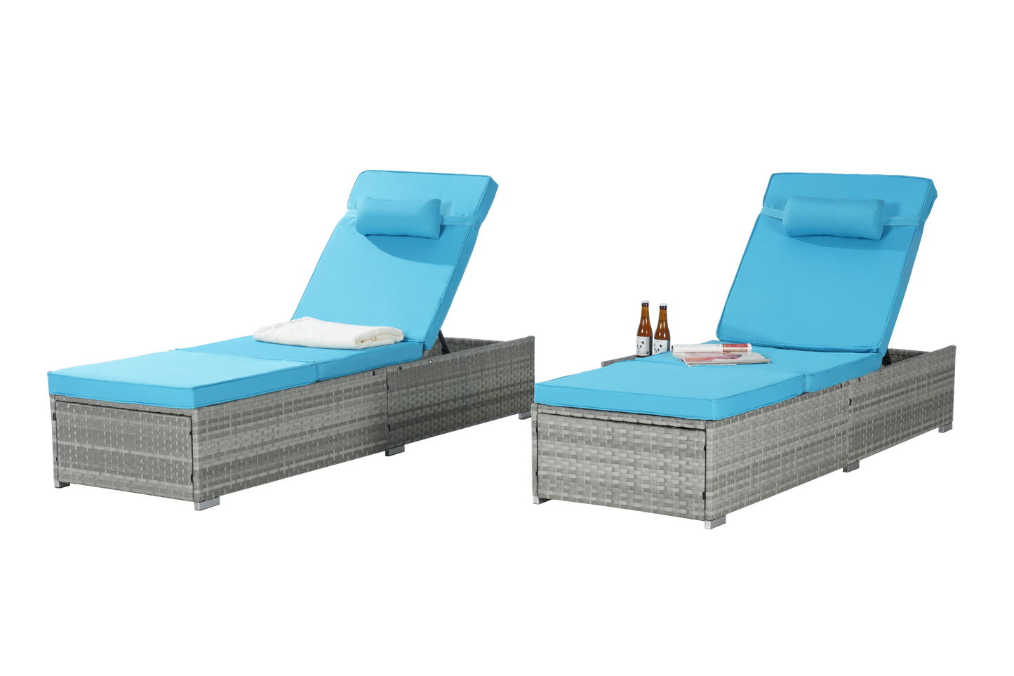 Outdoor PE Rattan Chaise Lounge Set of 2 with Table – Adjustable Patio