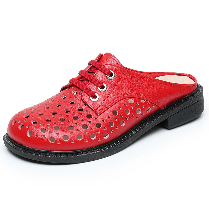 Cave shoes real leather flat heel thick sole hollowed out sandals women's slippers round toe