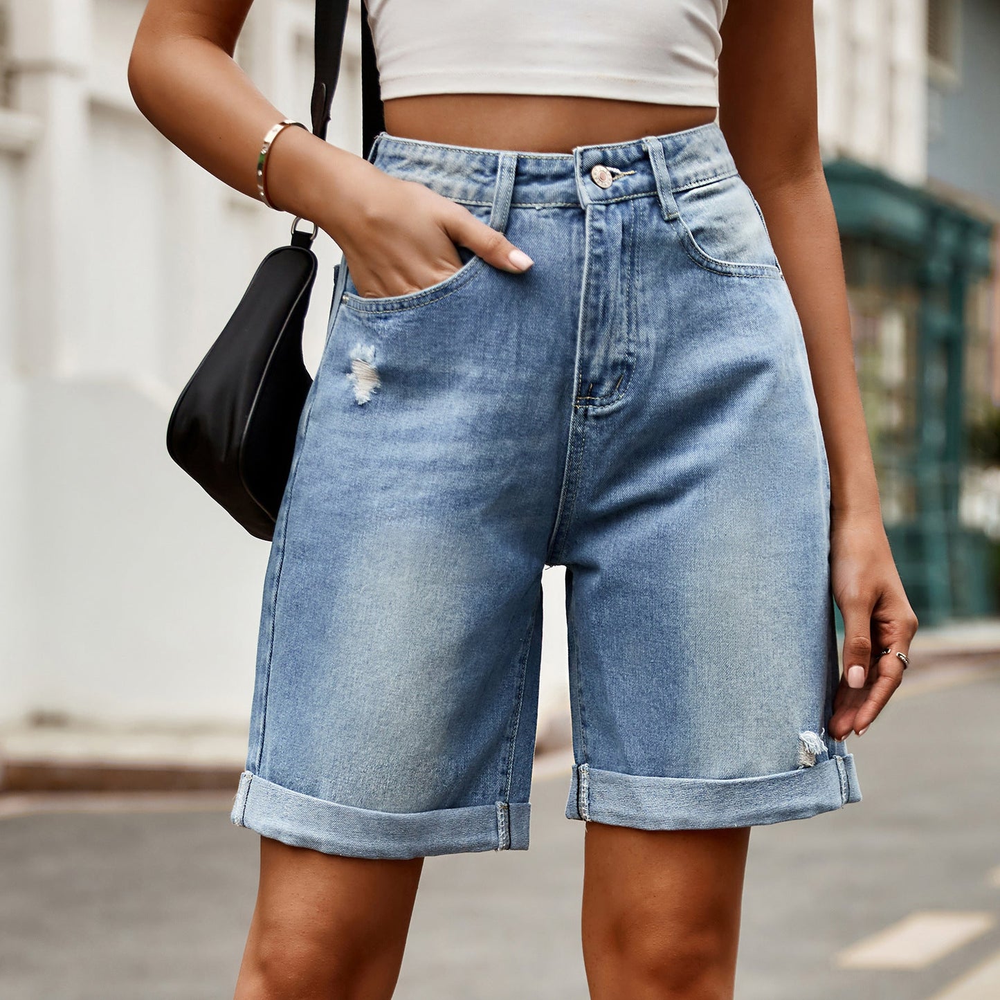 European and American women's perforated rolled edge five quarter denim shorts casual pants