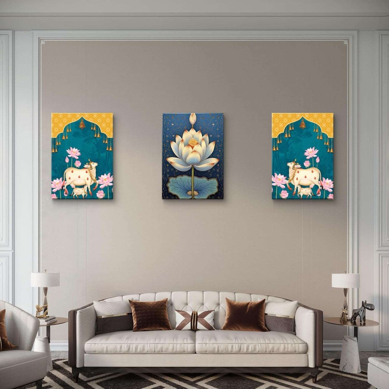 Set of 3 Pichwai Cow and Lotus Wall Art Canvas