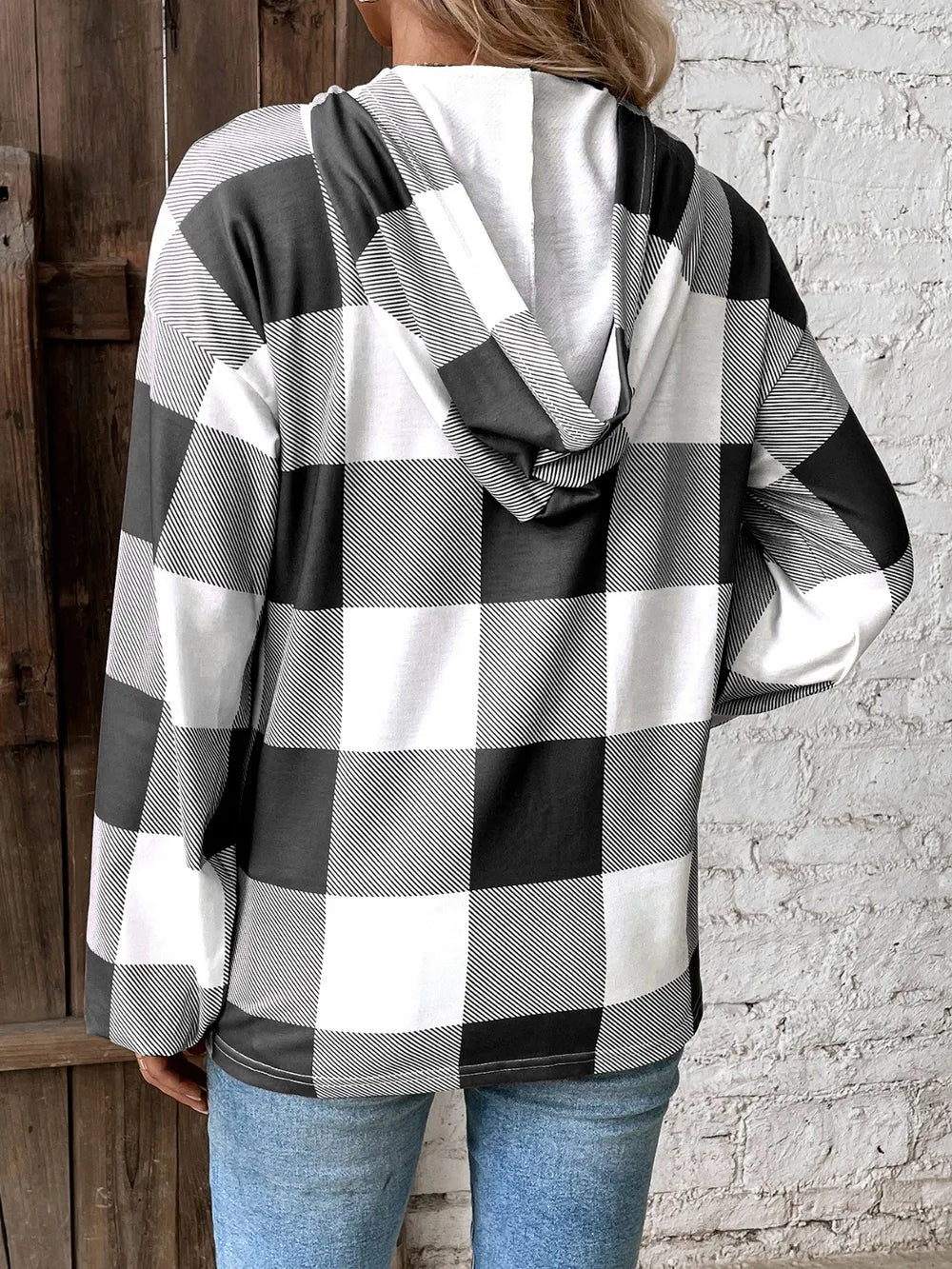 Grid printed loose casual fashionable button long sleeved hooded sweatshirt