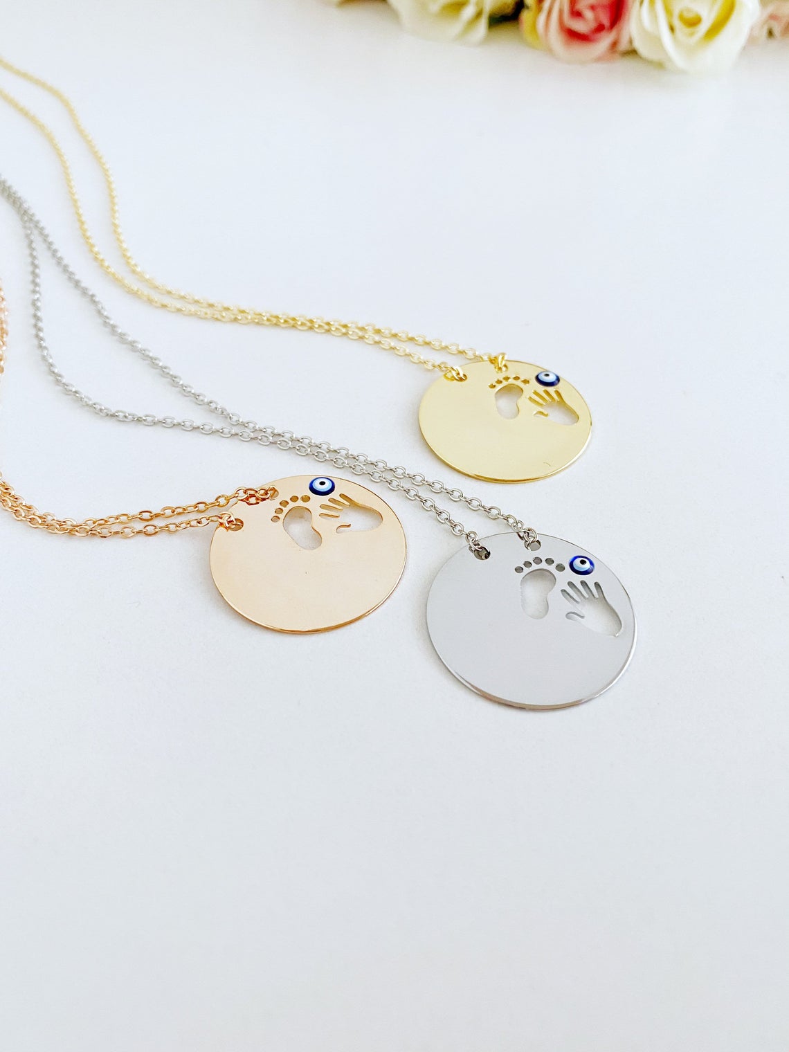 New Baby Necklace, Evil Eye Necklace, Foot Hand print, New Mom