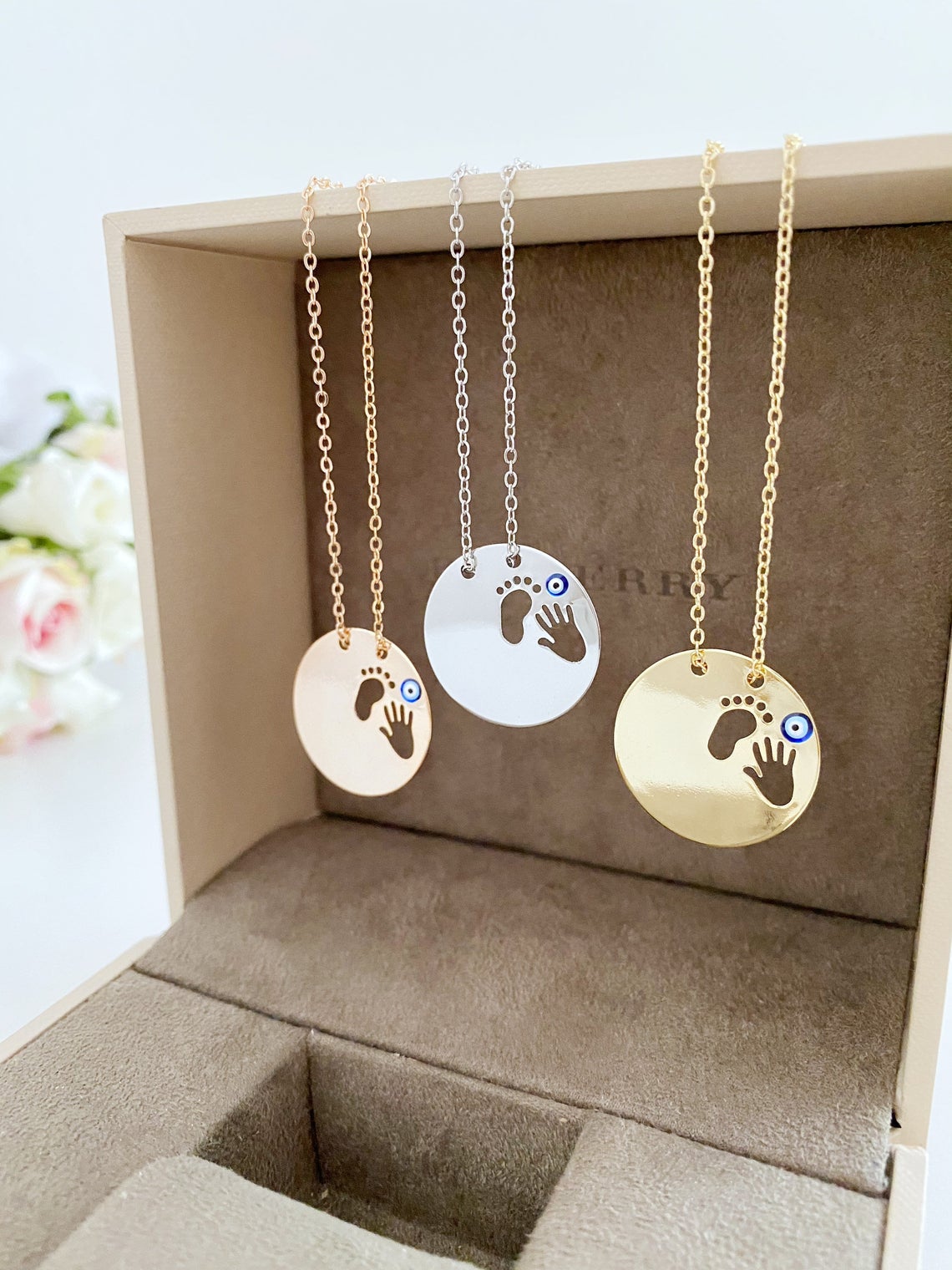New Baby Necklace, Evil Eye Necklace, Foot Hand print, New Mom