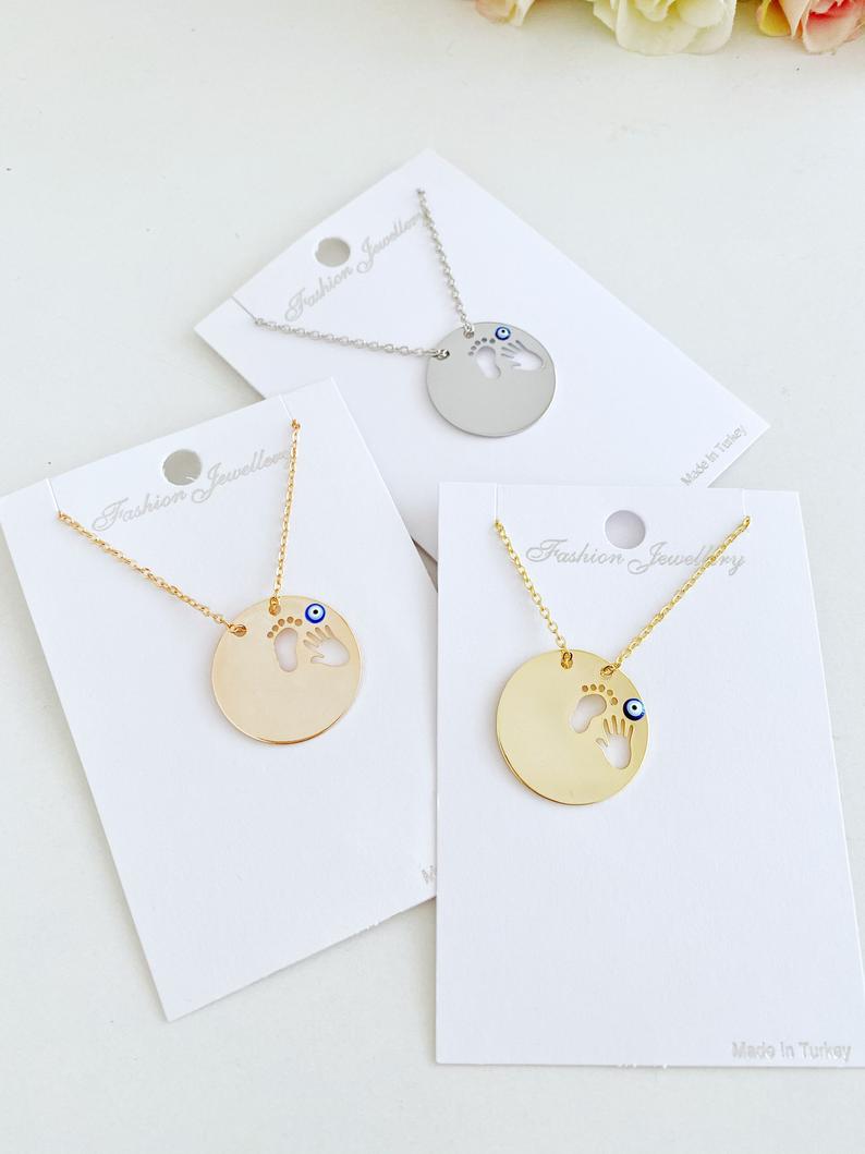 New Baby Necklace, Evil Eye Necklace, Foot Hand print, New Mom