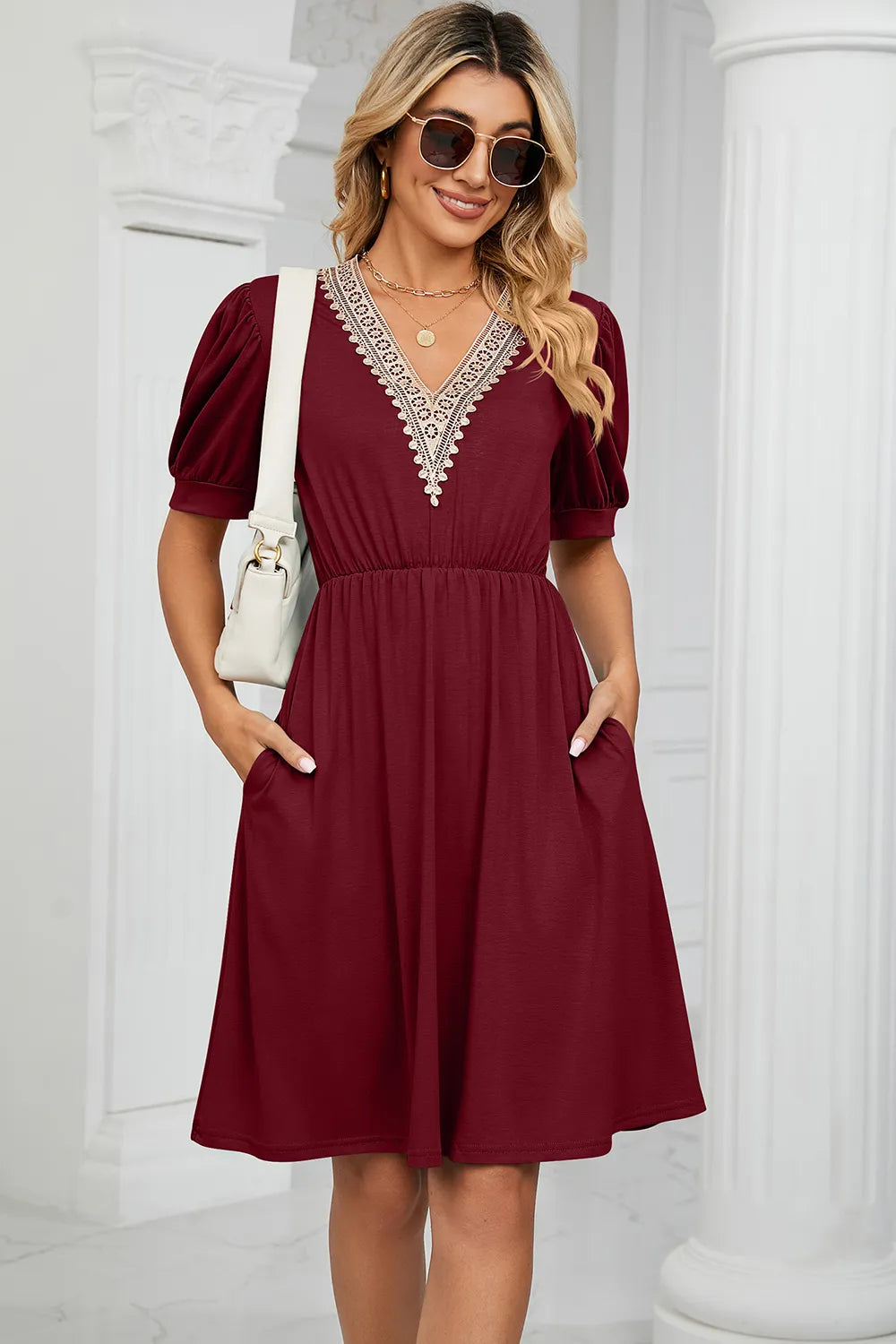 Solid color lace patchwork V-neck short sleeved pocket waist cinching dress