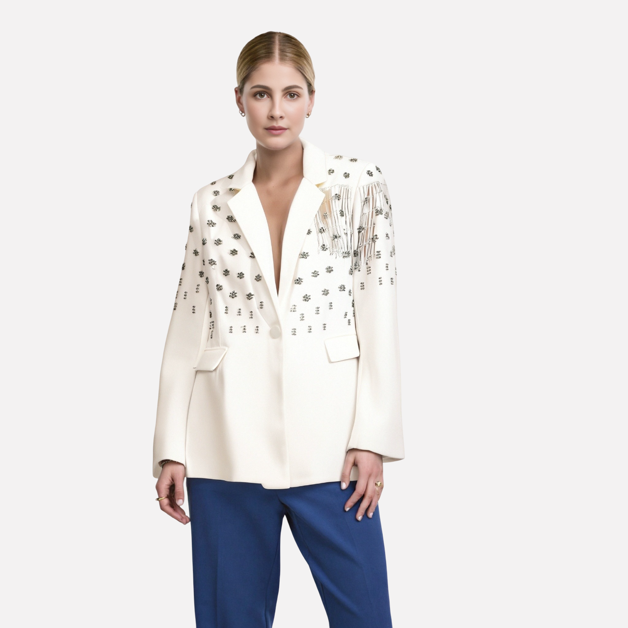 Temperament solid color small suit personality nail diamond tassel design suit jacket for women