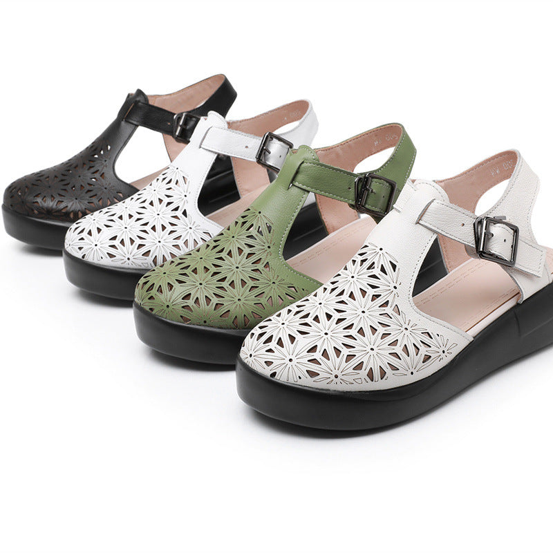 Thick soled toe sandals women's genuine leather sponge cake wedge heel hollowed out hole shoes flat bottomed women's shoes